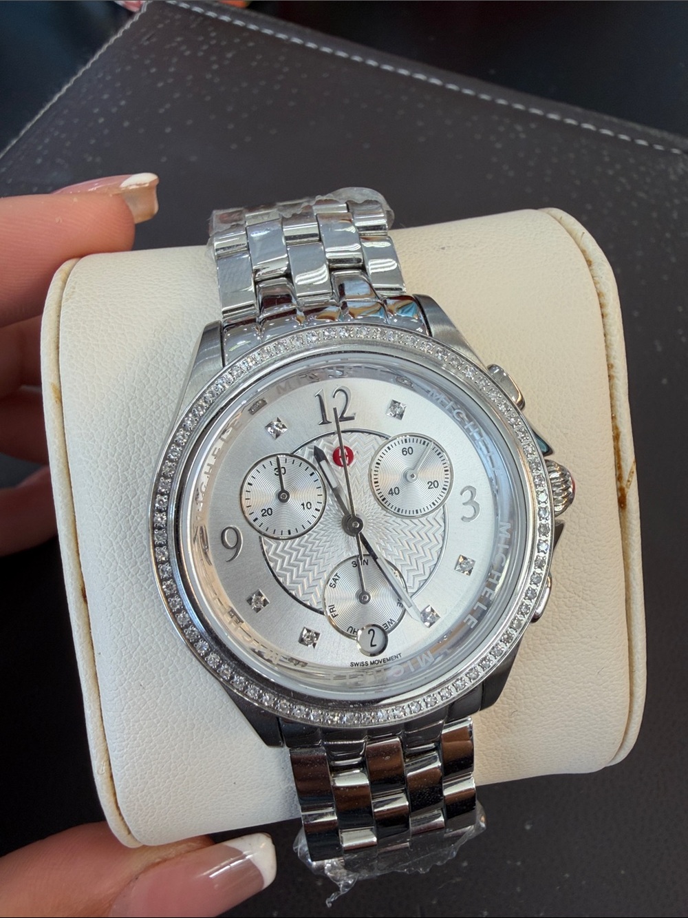 Michele Silver Stainless Steel Chronograph Watch with Crystal Bezel